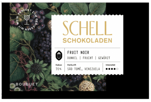 Schell Edelherbe Fruit Noir, 70%, Cassis & Holunder sowie Kerala-Pfeffer & Vanille.