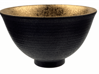 Dark brown ridged matcha bowl with gold inner