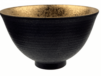 Dark brown ridged matcha bowl with gold inner