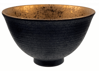 Dark brown ridged matcha bowl with bronze inner