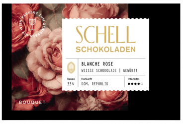 Weiße Schokolade Blanche Rose, 33%, Rosenöl & Rosenblüten